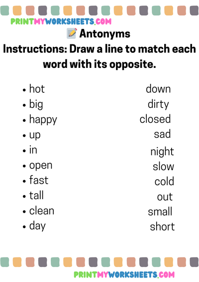 Antonyms Worksheet for First Grade